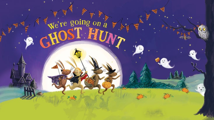 Bunnies going on a ghost hunt.  Illustration from We're Going on a Ghost Hunt. Text by Martha Mumford. Illustrations by Cherie Zamazing, based on the original characters created by Laura Hughes, copyright © Bloomsbury Publishing 2023